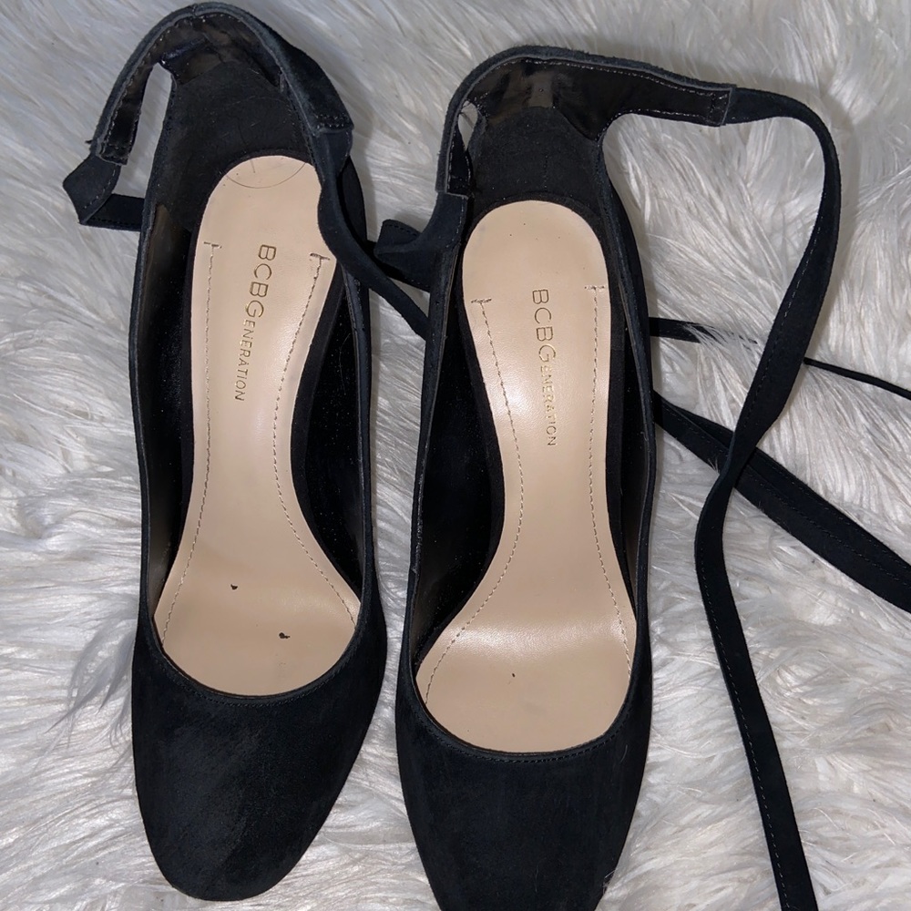 BCBG suede black lace up leg heels
